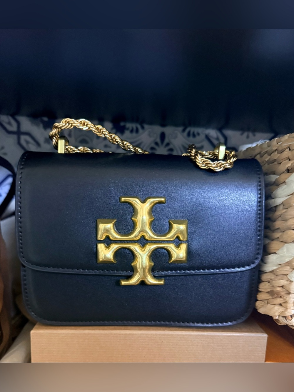 Tory Burch Black Leather Shoulder Bag with Gold Logo & Chain